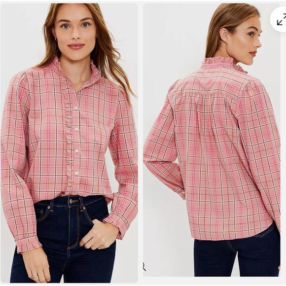 Loft Plaid Ruffle Shirt Long Sleeve Button Preppy Academia Womens Size Medium - Picture 1 of 14
